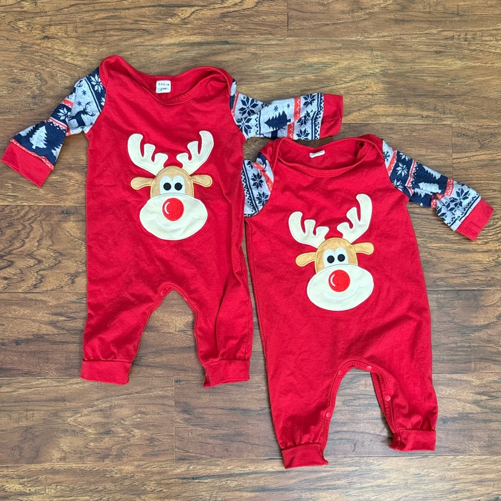 Twin outfit set of Red Reindeer Christmas baby One Piece
